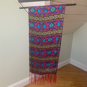 100% Silk Long Scarf Colorful Floral & Jewel Print Double Sided With Fringe EUC